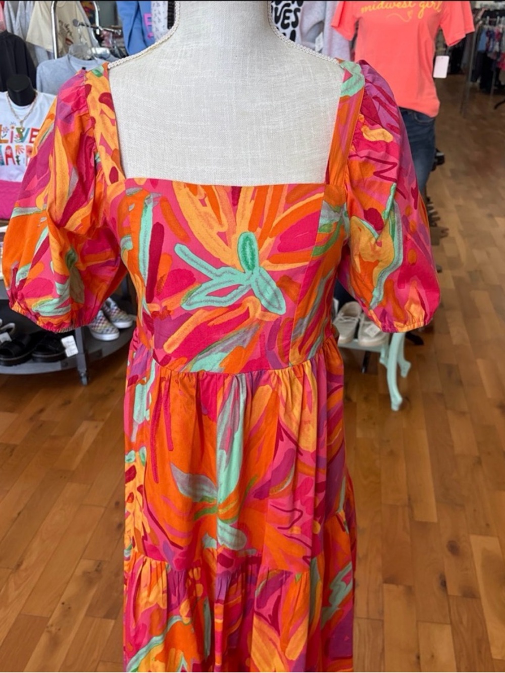 Crystal Sky Orange Pink Floral Midi Dress Size Small - Picture 2 of 7